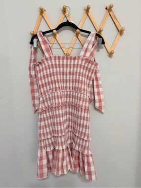 Mable Pink Ginham Smocked Ruffle Mini Dress Size Large